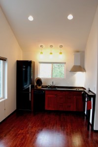 Jane Doe loves the lighting and the dark floors in her ADU kitchen