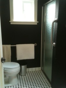 the bathroom features grab bars and other accessibility features