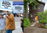 contrasting photos of anti-ADU protesters and happy ADU homeowner-developers