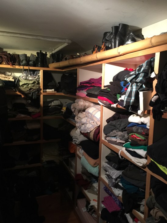 reclaimed bookshelves are the organizers in Lisa Lonstron's walk-in closet